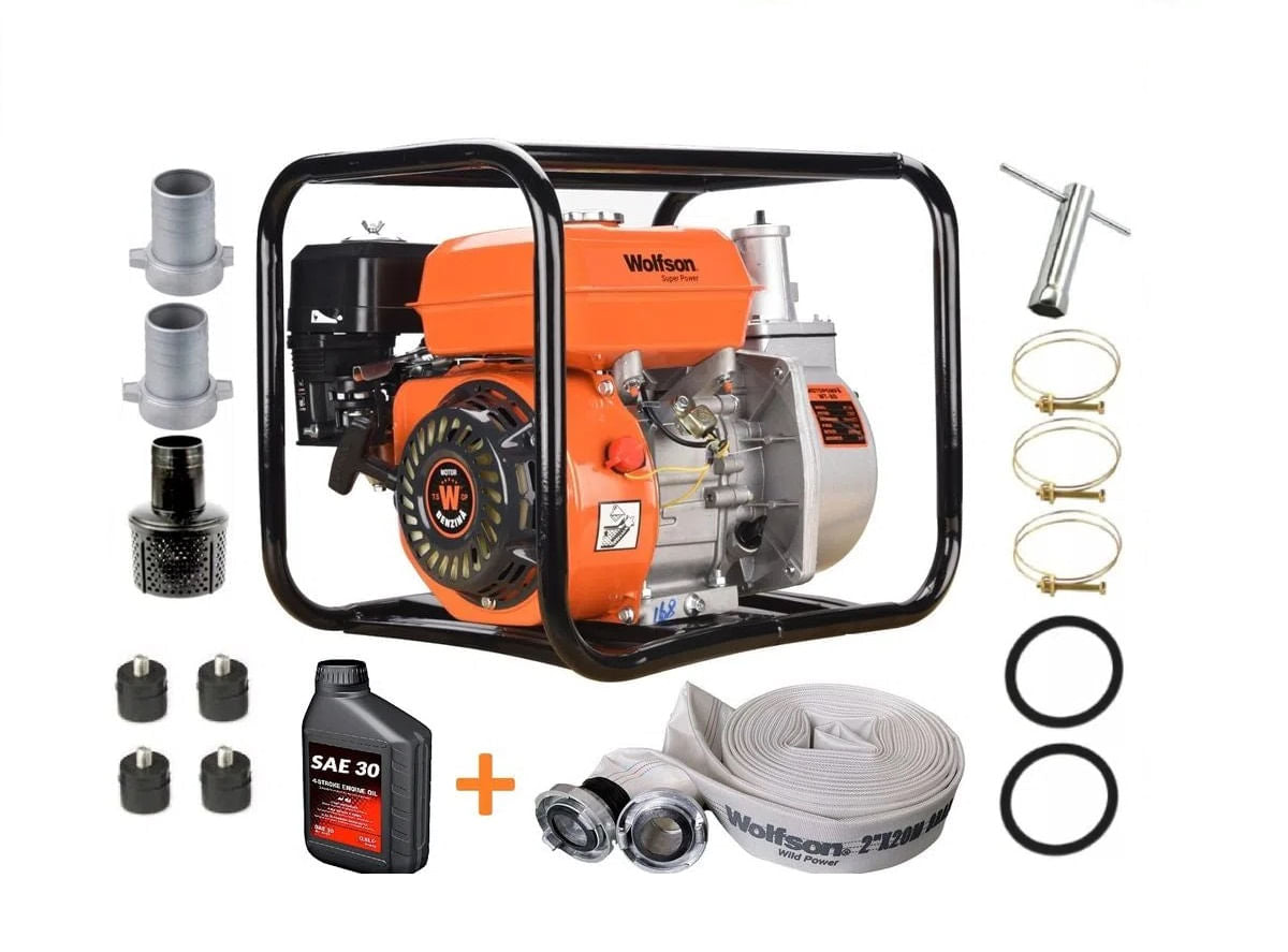 Motopompa apa WOLFSON WT-20, 2 toli, 6.5CP, 27000 l/h + ulei 4T, 0.6L + furtun pompieri 2 toli x 20m cu racorduri, 5, atomico.ro