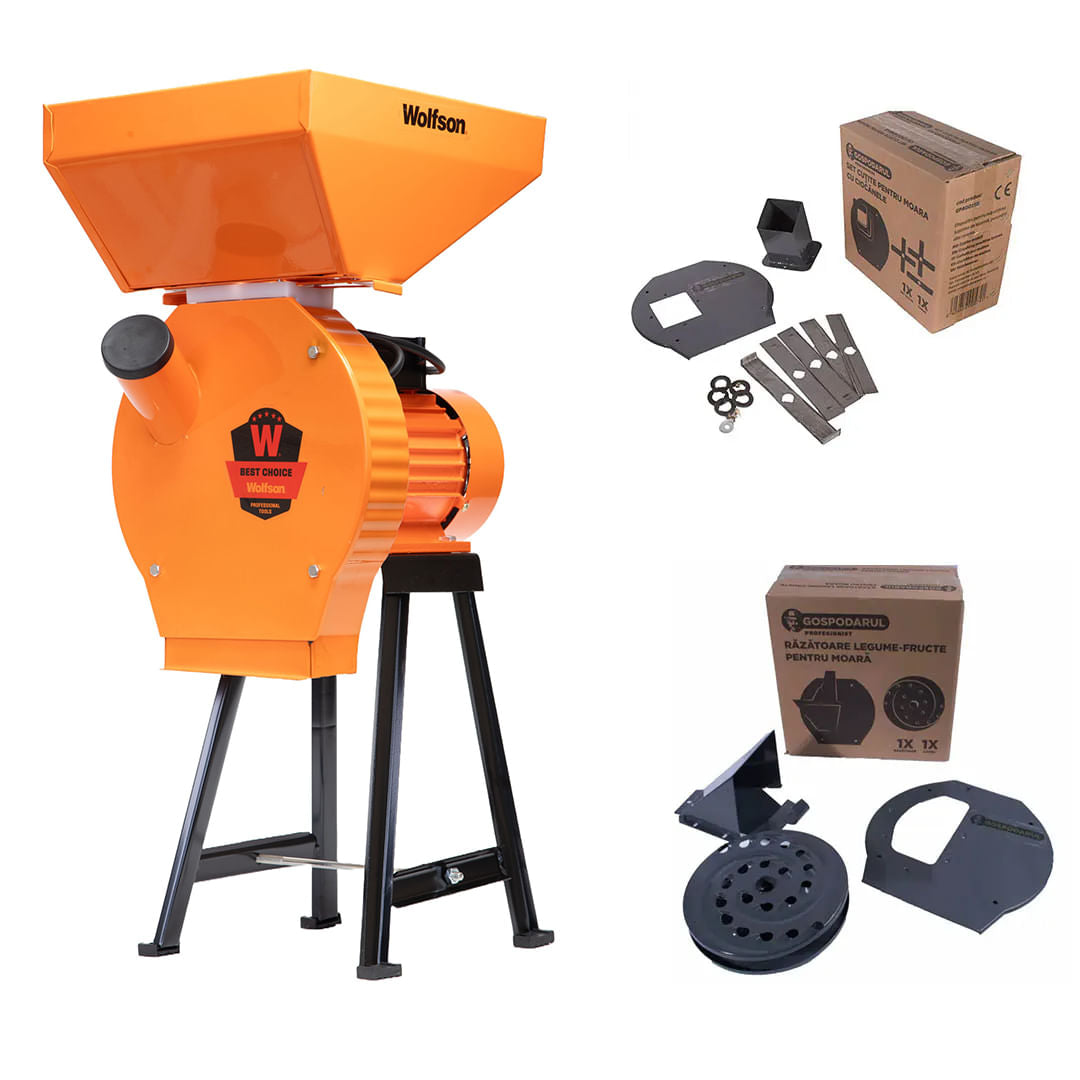 Moara pentru cereale Wolfson cu suport metalic - 2in1, 2700W, 200kg/h + accesoriu furaje, fructe si legume, 1, atomico.ro