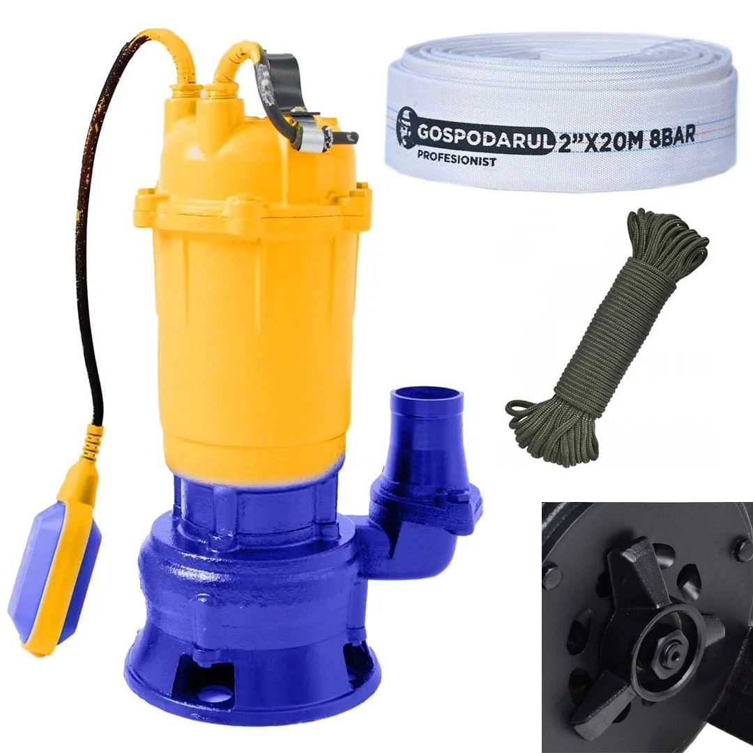 Pompa submersibila de apa murdara cu tocator Kamrad WQCD-K3300, 1300W, 25000 l/h, adancime 8m + furtun 20m, cordelina 6mmx20m, 1, atomico.ro