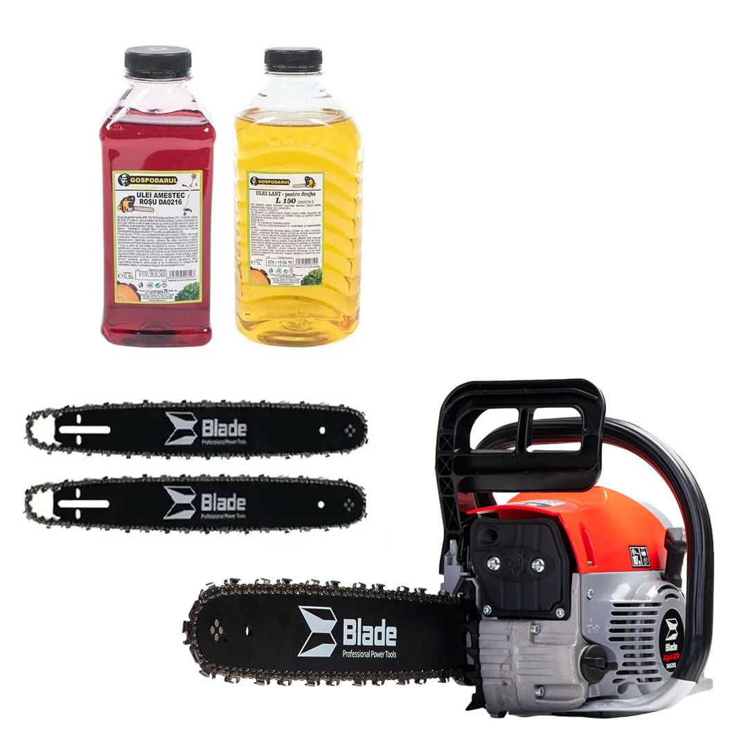 Drujba pe benzina BLADE Alpin 520 - 5CP, 2 lame si 2 lanturi + ulei ungere lant L150, ulei amestec 0.5L, 1, atomico.ro