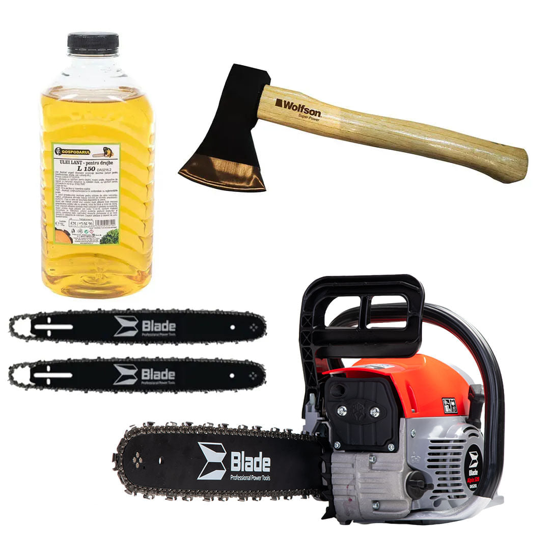 Drujba pe benzina BLADE Alpin 520 - 5CP, 2 lame si 2 lanturi + ulei ungere lant L150, toporisca Wolfson 600g, 1, atomico.ro