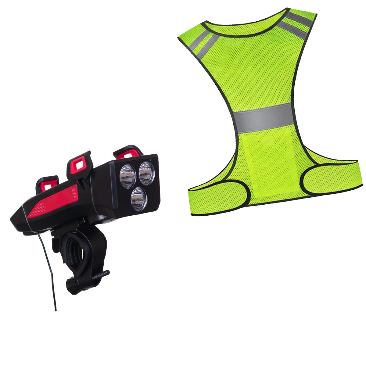 Far led bicicleta cu suport telefon si claxon (reincarcabil USB) + Ham reflectorizant, 1, atomico.ro