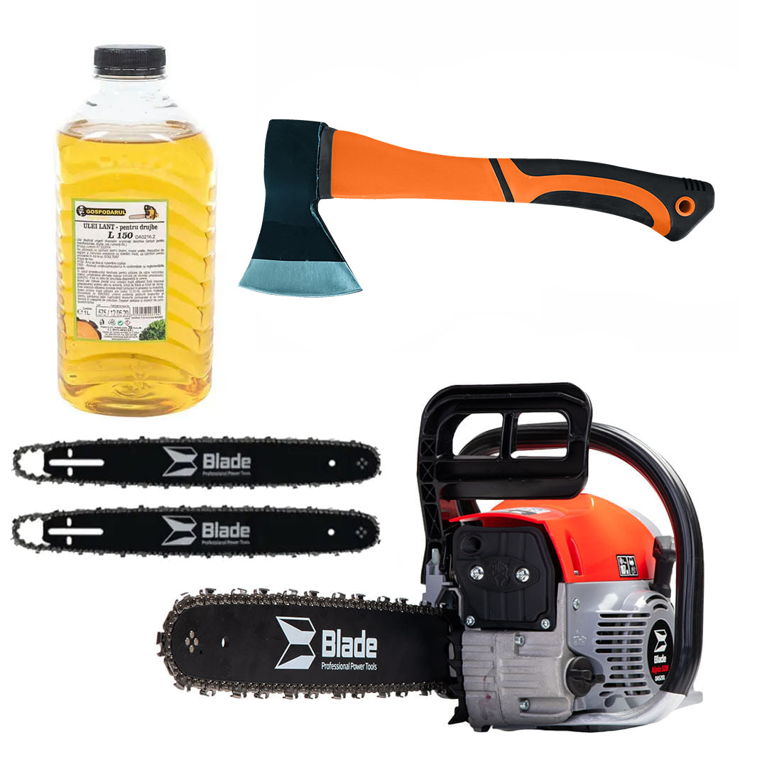 Drujba pe benzina BLADE Alpin 520 - 5CP, 2 lame si 2 lanturi + ulei ungere lant L150, toporisca fibra Wolfson, 1, atomico.ro
