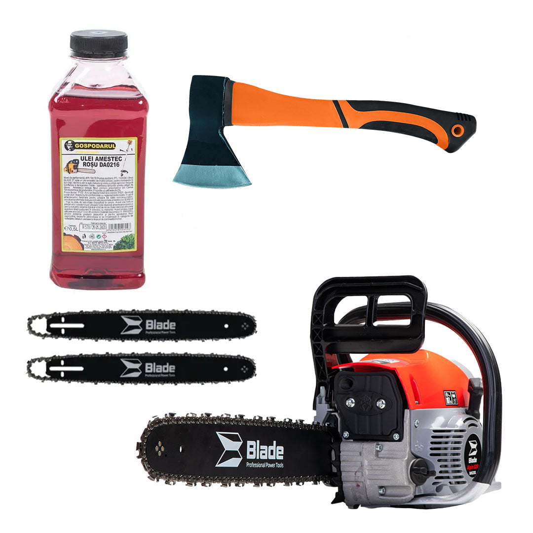 Drujba pe benzina BLADE Alpin 520 - 5CP, 2 lame si 2 lanturi + ulei amestec 0.5L, toporisca fibra Wolfson, 1, atomico.ro
