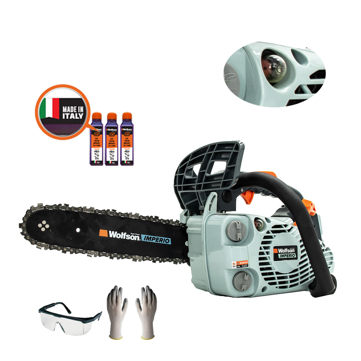 Drujba pe benzina WOLFSON IMPERIO 2500 - 1.3 CP, ochelari, manusi, 3 x ulei motor 2T, 3, atomico.ro