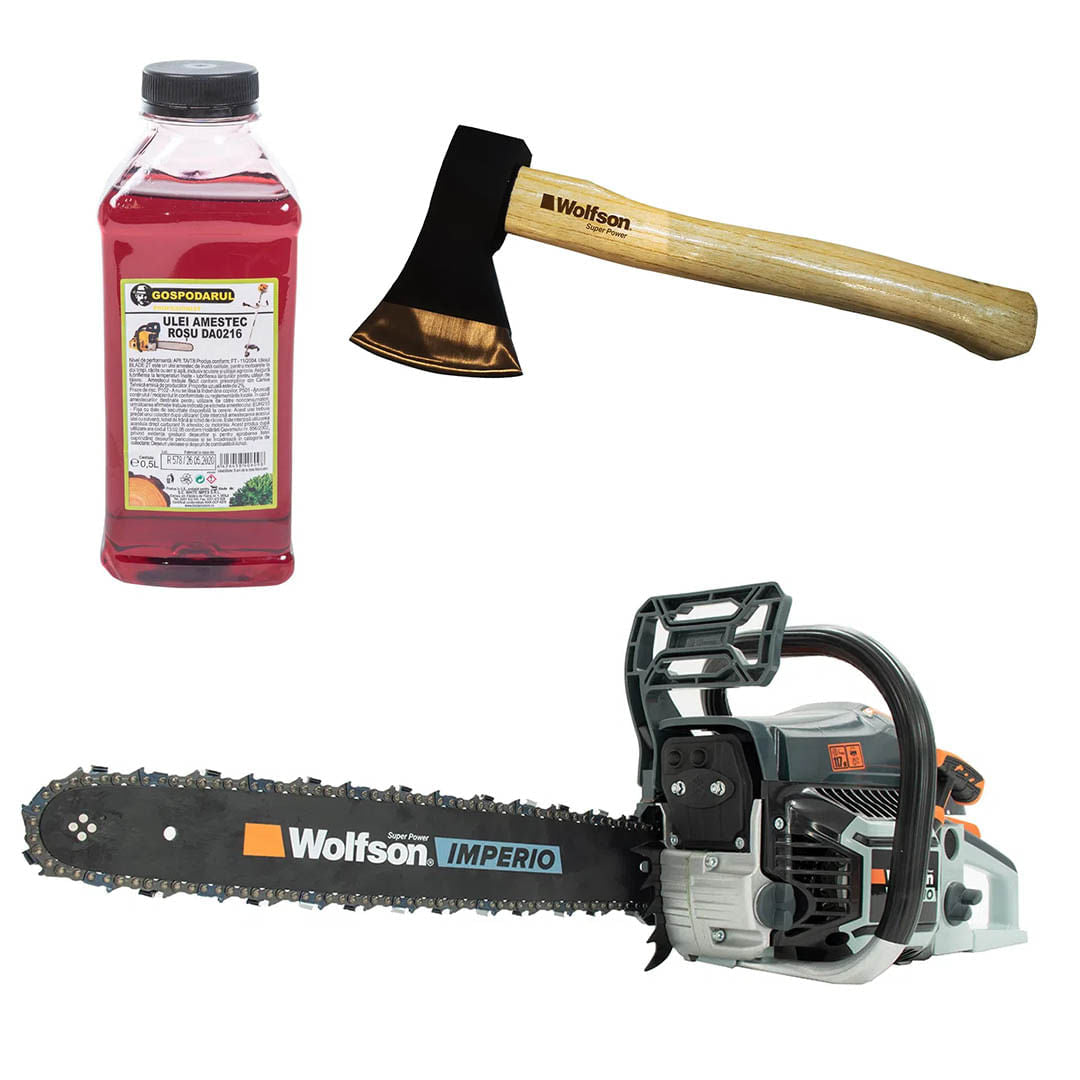 Drujba pe benzina WOLFSON IMPERIO 6000 - 3.2 CP, 52cc + ulei amestec 0.5L, toporisca Wolfson 600g, 1, atomico.ro