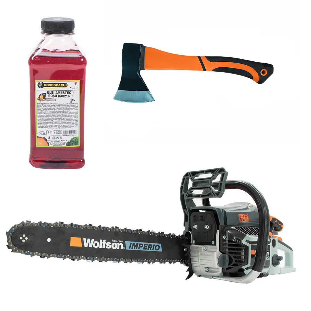 Drujba pe benzina WOLFSON IMPERIO 6000 - 3.2 CP, 52cc + ulei amestec 0.5L, toporisca fibra Wolfson, 1, atomico.ro