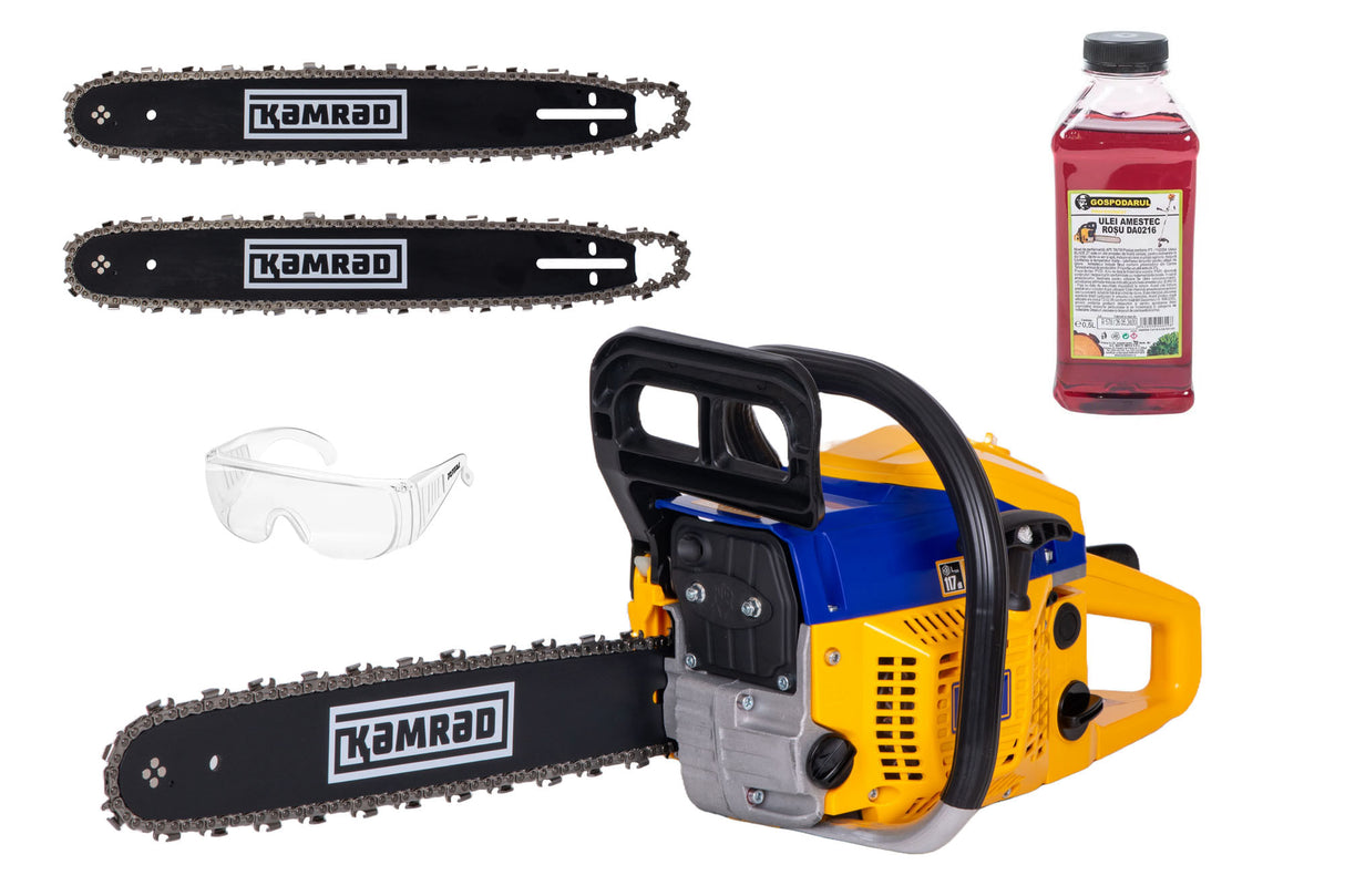 Drujba pe benzina Kamrad KR-52, 5.8CP, 52cc, 2 lame 2 lanturi + ulei amestec 0.5L si ochelari protectie, 1, atomico.ro