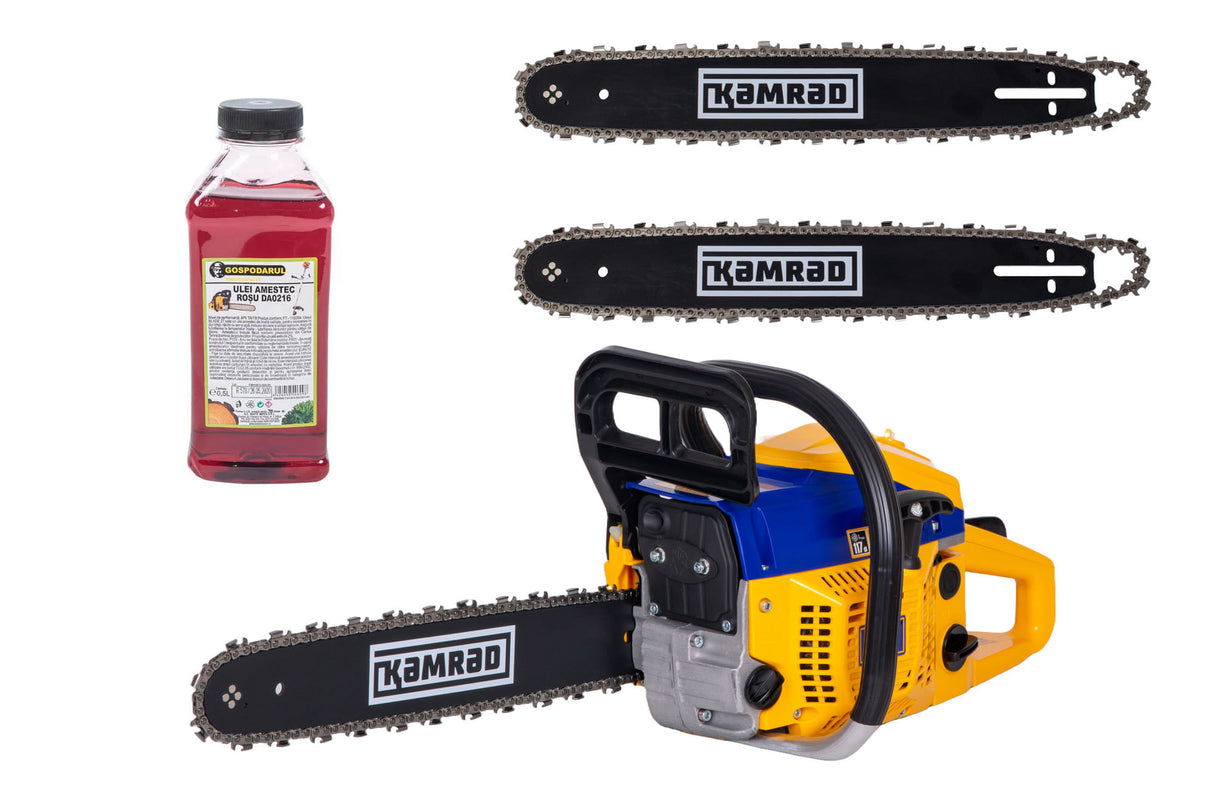 Drujba pe benzina Kamrad KR-52, 5.8CP, 52cc, 2 lame 2 lanturi + ulei amestec 0.5L, 1, atomico.ro