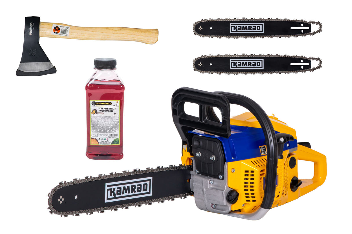 Drujba pe benzina Kamrad KR-52, 5.8CP, 52cc, 2 lame 2 lanturi + ulei amestec 0.5L si toporisca Wolfson 600g, 1, atomico.ro