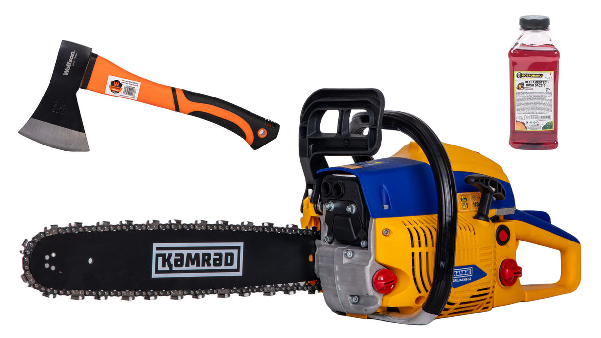 Drujba pe benzina Kamrad KR-52, 5.8 CP, 52CC, 33 dinti, pasul 0.325, 1,5mm + ulei amestec 0.5L si toporisca Wolfson, 1, atomico.ro