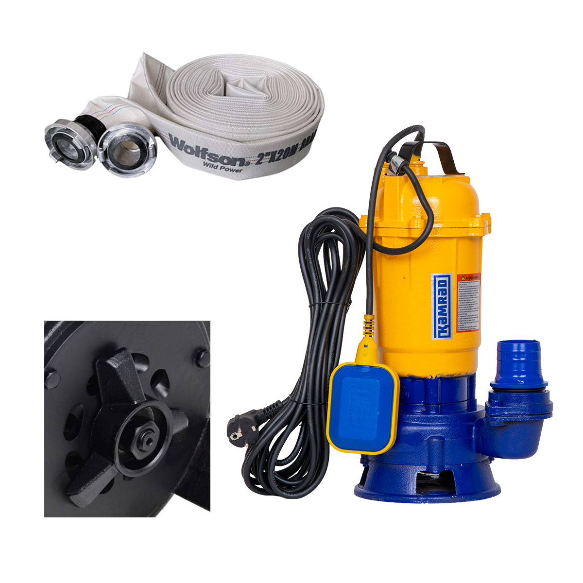 Pompa submersibila de apa murdara cu tocator Kamrad WQCD-K3300, 1300W, 25000 l/h, adancime 8m + furtun pompieri 2 toli, 20 m, 1, atomico.ro