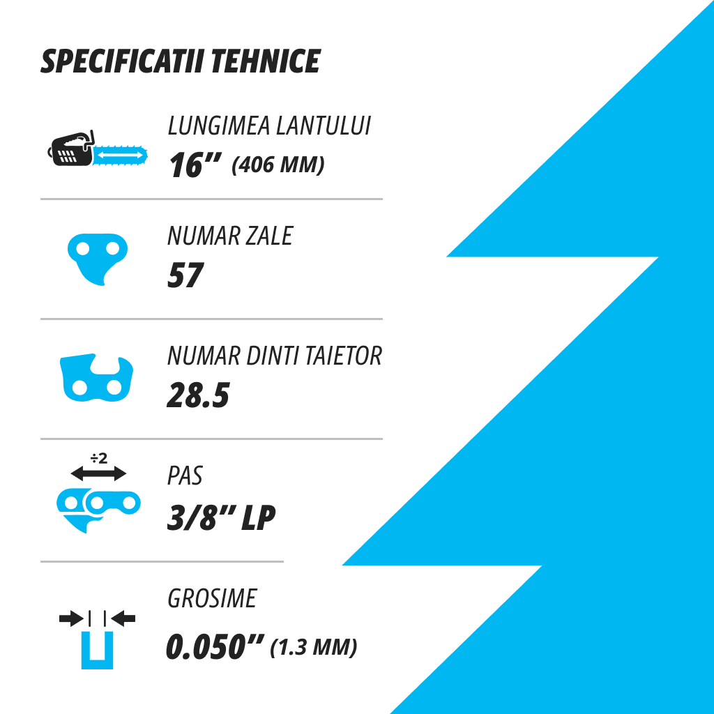 Set 3 lanturi pentru drujba Kuza, lungime 16", pas 3/8" LP, grosime 050"-1.3 mm, 57 Zale, 3 lanturi/pachet, 2, atomico.ro