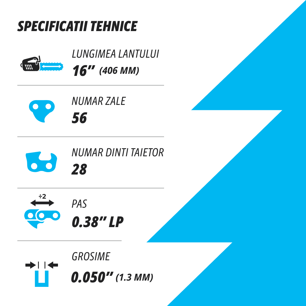 Lant pentru drujba Kuza, lungime 16", pas 3/8" LP, grosime 050"-1.3 mm, 56 Zale, 1 lant/pachet, 2, atomico.ro