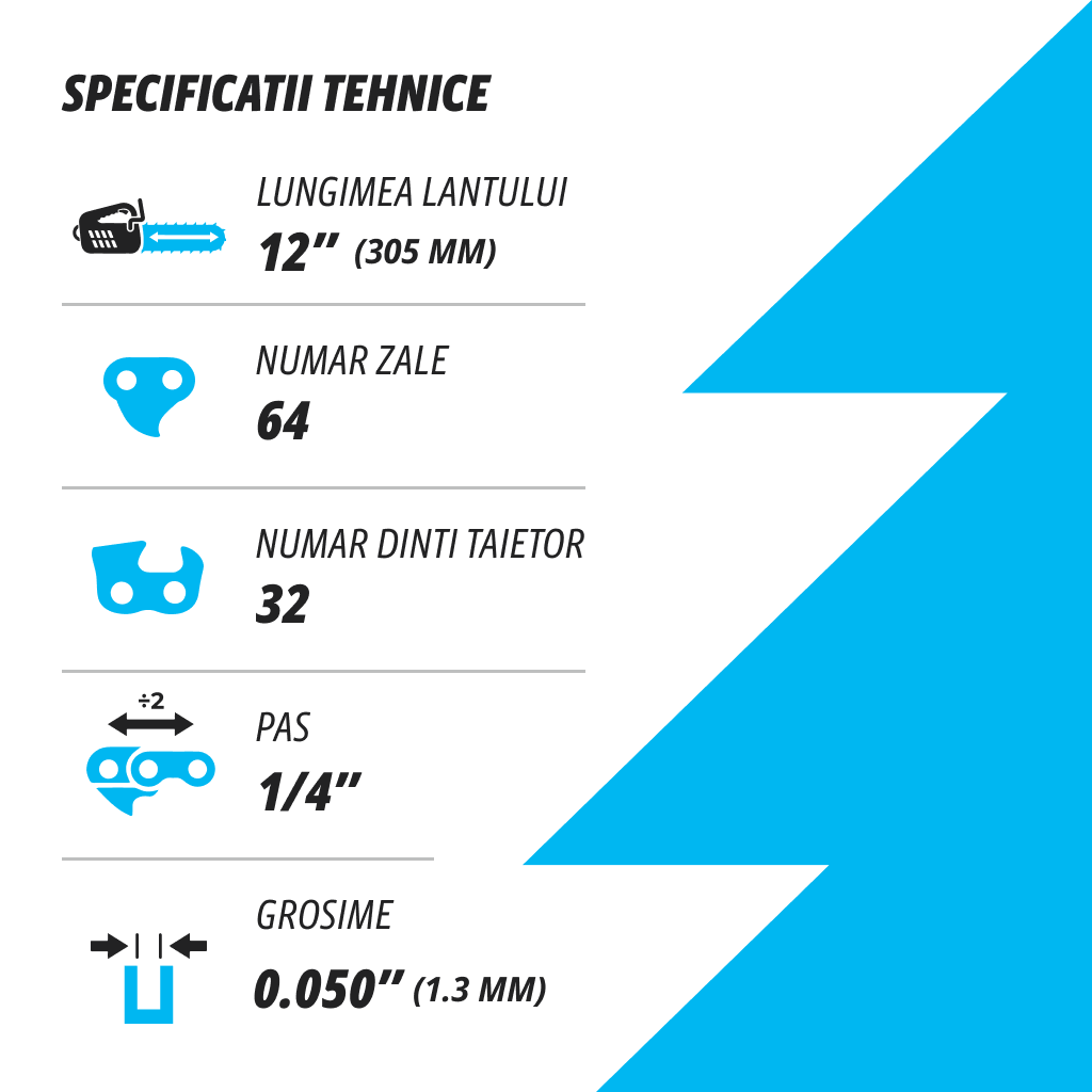 Lant pentru drujba Kuza, lungime 12", pas 1/4", grosime 050"-1.3 mm, 64 Zale, 1 lant/pachet, 2, atomico.ro