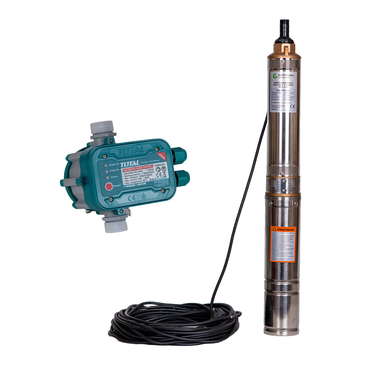 Pompa submersibila apa curata Gospodarul Profesionist 4QJD-1100, 8 turbine POM- 1100W, cablu 25m, 6000 l/h + Presostat, 1, atomico.ro