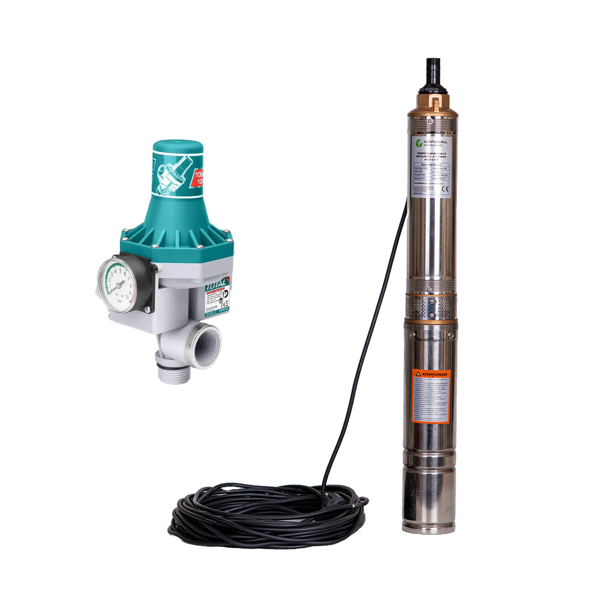 Pompa submersibila apa curata Gospodarul Profesionist 4QJD-1100, 8 turbine POM- 1100W, cablu 25m, 6000 l/h + Presostat Total, 1, atomico.ro