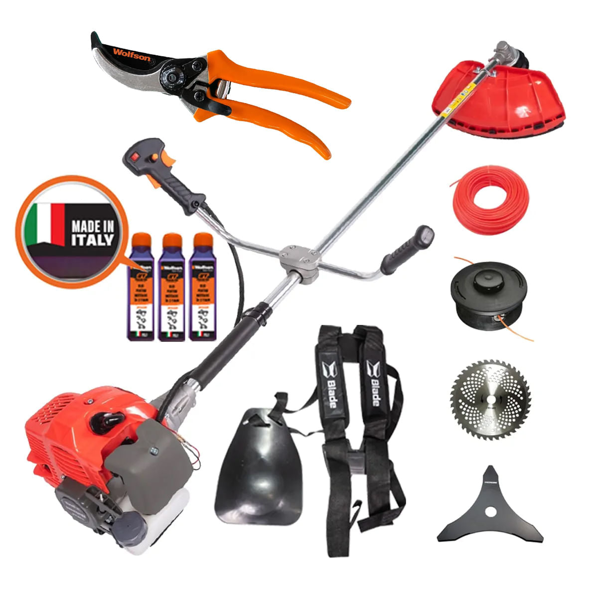 Motocoasa Blade Alpin 520, 3CP, 7 accesorii, ham profesional + 3 sticle ulei 0.1l + foarfeca taiere crengi, 1, atomico.ro