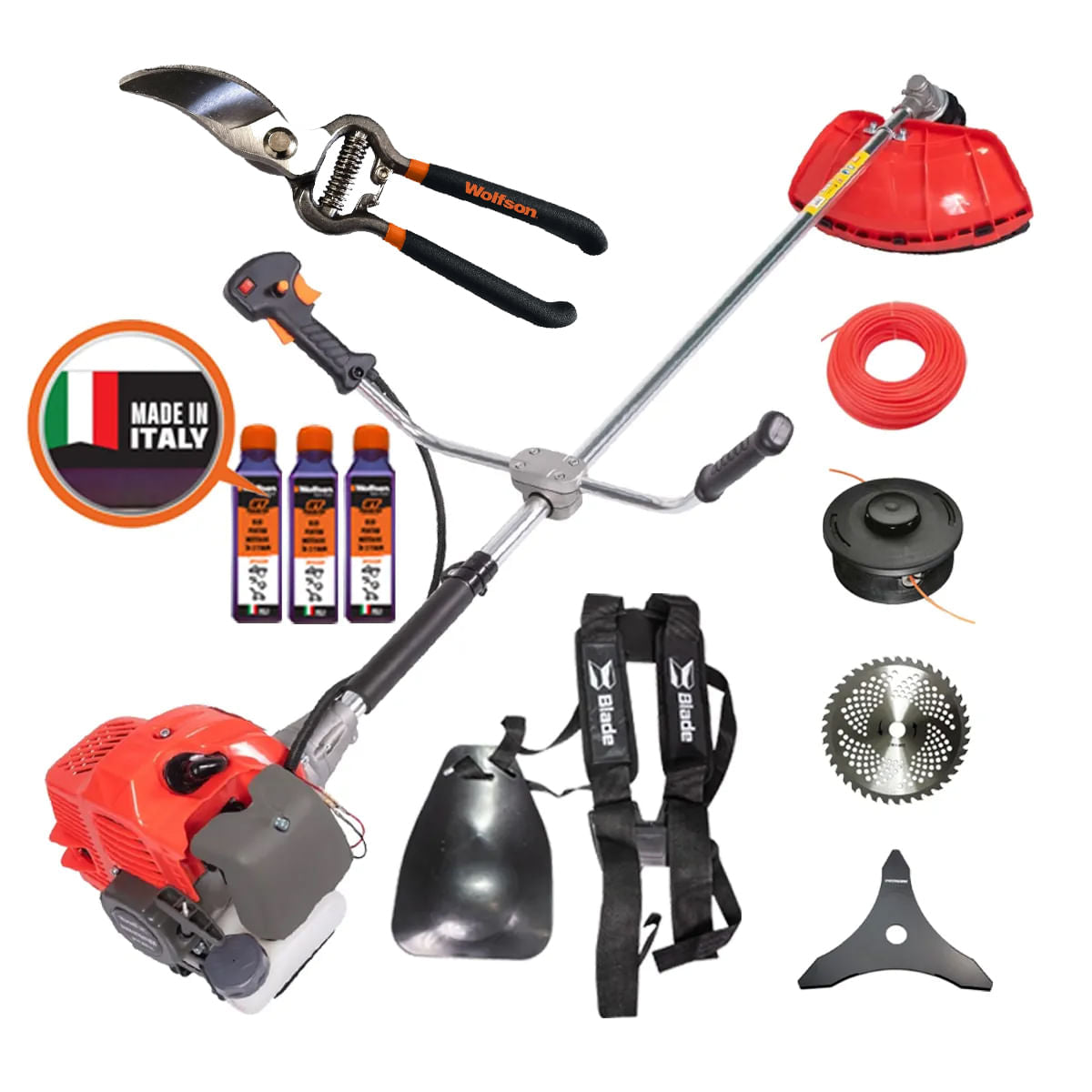 Motocoasa Blade Alpin 520, 3CP, 7 accesorii, ham profesional + 3 sticle ulei 0.1l + foarfeca taiere vie, 1, atomico.ro