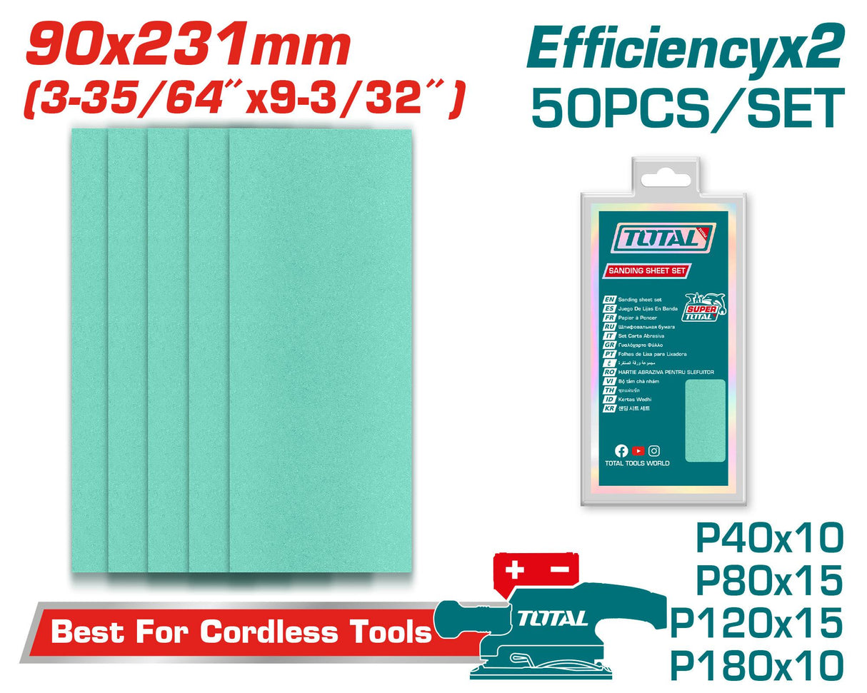 Set 50 foi smirghel TOTAL 90x231 mm, P40–P180, pentru lemn si metal, 2, atomico.ro