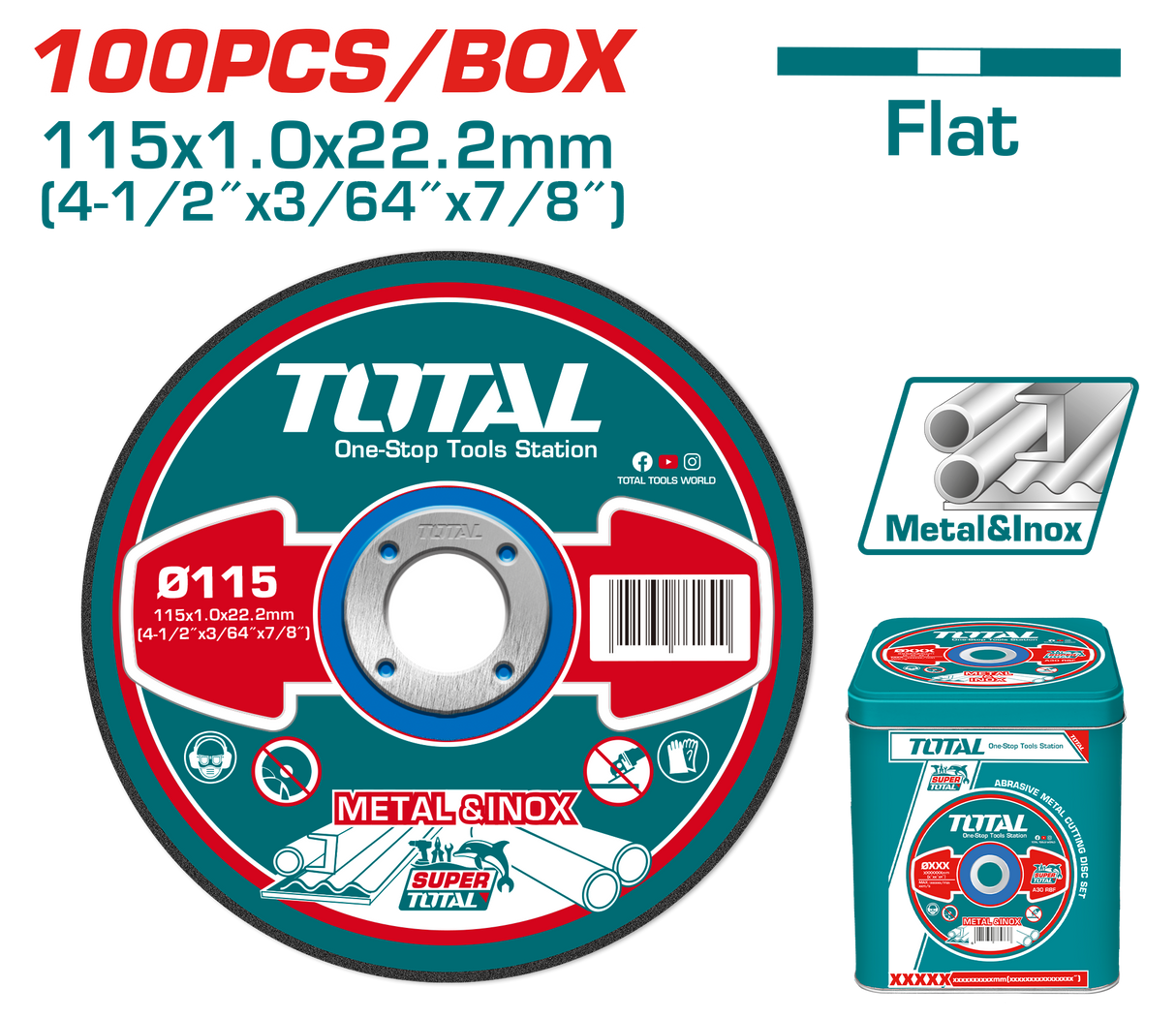 Set discuri taiere metal TOTAL 115 mm, 1.0 mm, 22.2 mm, 100 bucati, pentru inox, 2, atomico.ro