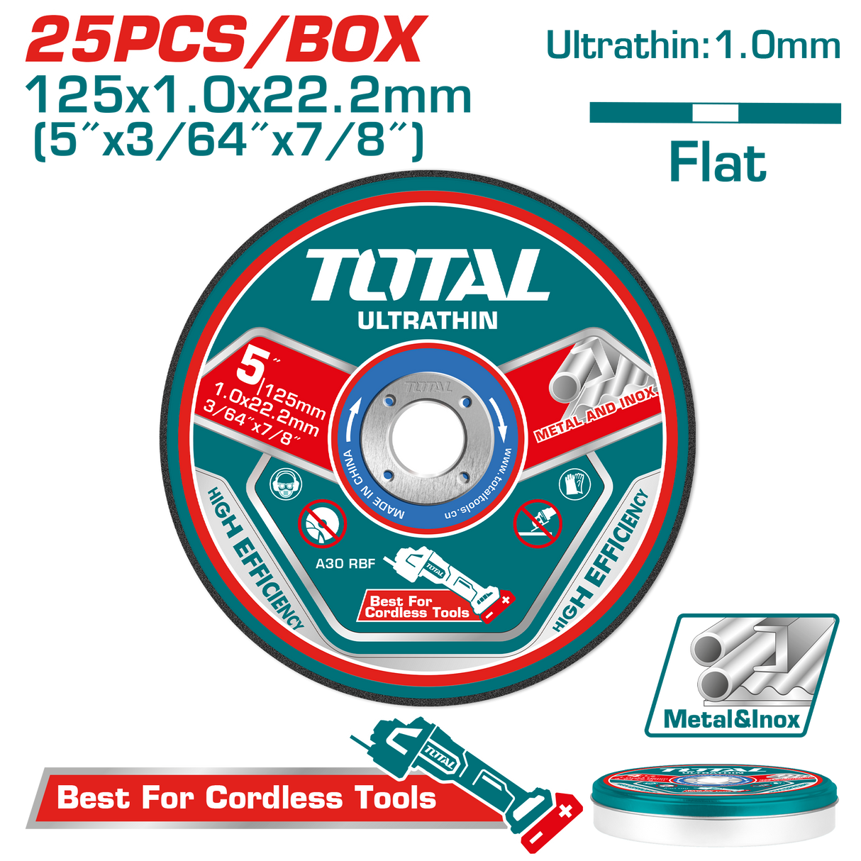 Set discuri taiere metal TOTAL 125 mm, 1.0 mm, 22.2 mm, 25 bucati, pentru inox si metal, 6, atomico.ro