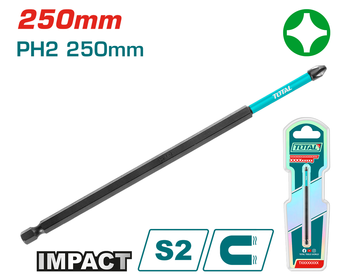 Bit impact TOTAL PH2 x 250 mm – otel S2, magnetic, 1/4” hex, 2, atomico.ro