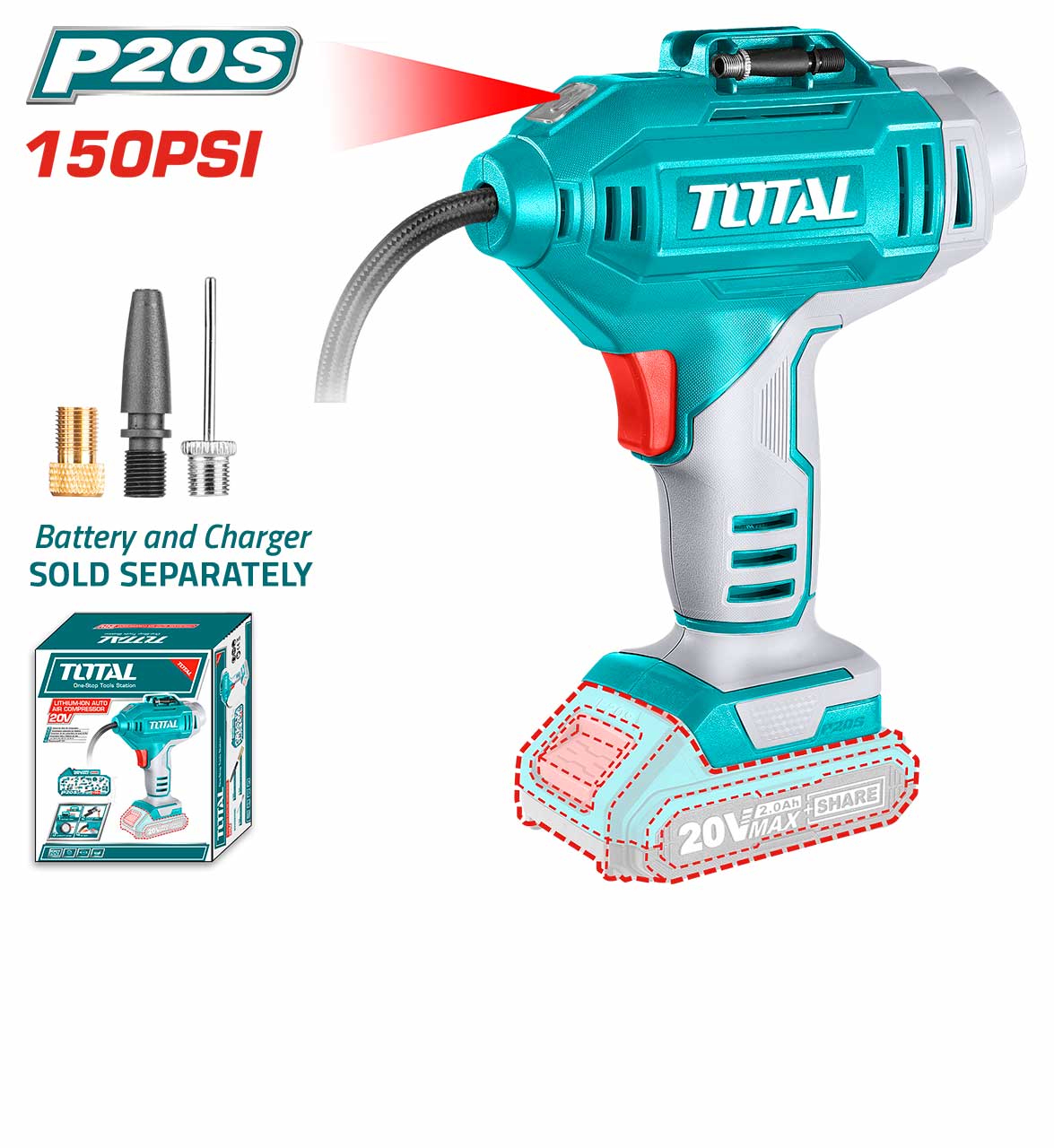 Compresor de aer TOTAL- 150PSI/10.34BAR - LI-ION - 20V NU INCLUDE ACUMULATOR SI INCARCATOR, 1, atomico.ro