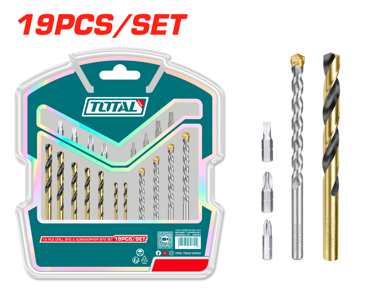 Set burghie si biti TOTAL 19 piese, HSS metal, zidarie, biti 25 mm, 6, atomico.ro