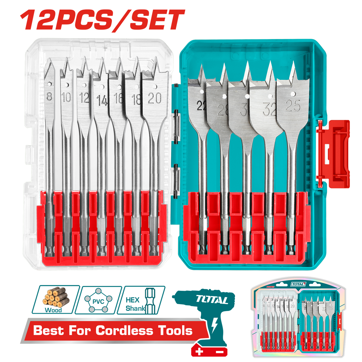 Set 12 buc. burghie plate pentru lemn TOTAL, 8–32 mm, tija hex 1/4", 2, atomico.ro