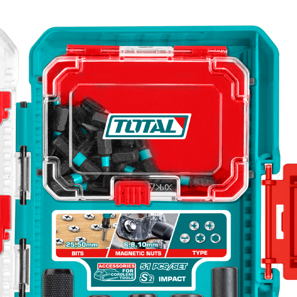 Set biti impact TOTAL 51 piese, 25 mm si 50 mm, piulite magnetice, suport cu eliberare rapida, 3, atomico.ro