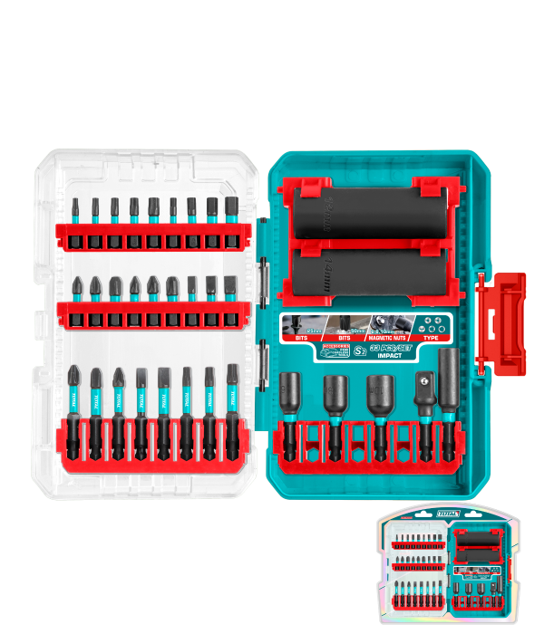 Set biti impact TOTAL 33 piese, capete 25/50 mm, tubulare Cr-Mo, adaptor 3/8", suport biti, 1, atomico.ro