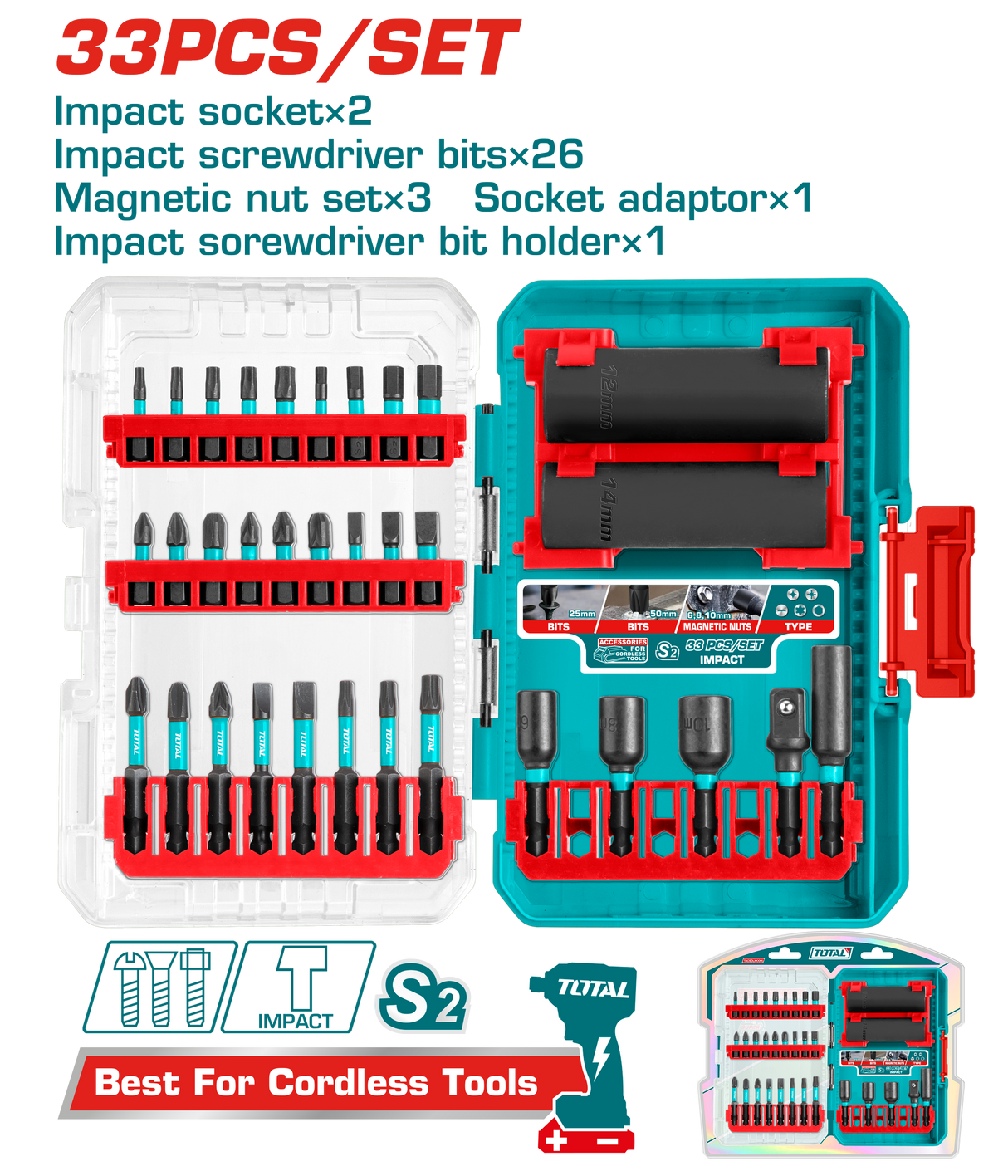 Set biti impact TOTAL 33 piese, capete 25/50 mm, tubulare Cr-Mo, adaptor 3/8", suport biti, 2, atomico.ro