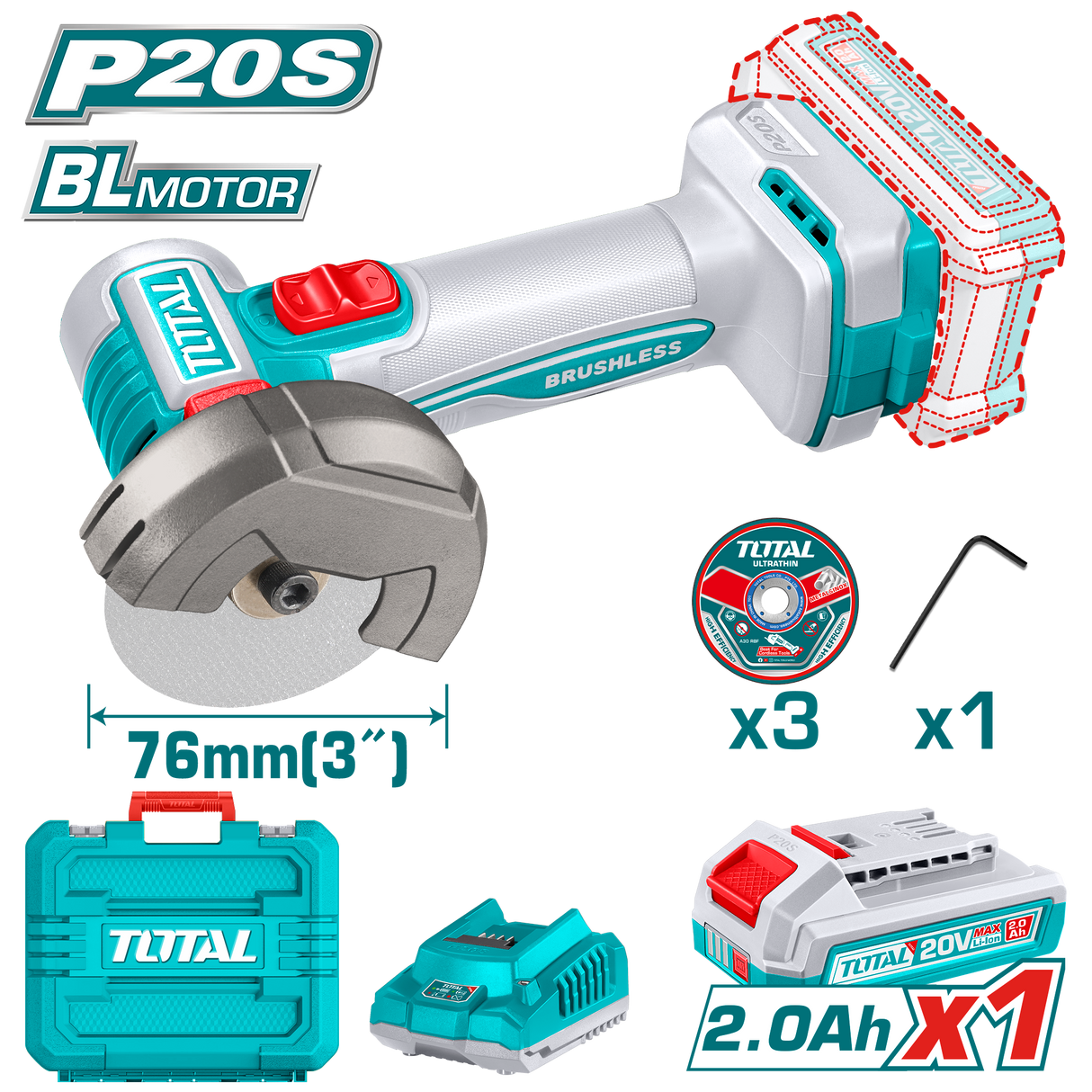 Mini polizor unghiular TOTAL 20V, Brushless, disc 76 mm, 20.000 rpm, acumulator 2.0Ah, incarcator, 1, atomico.ro