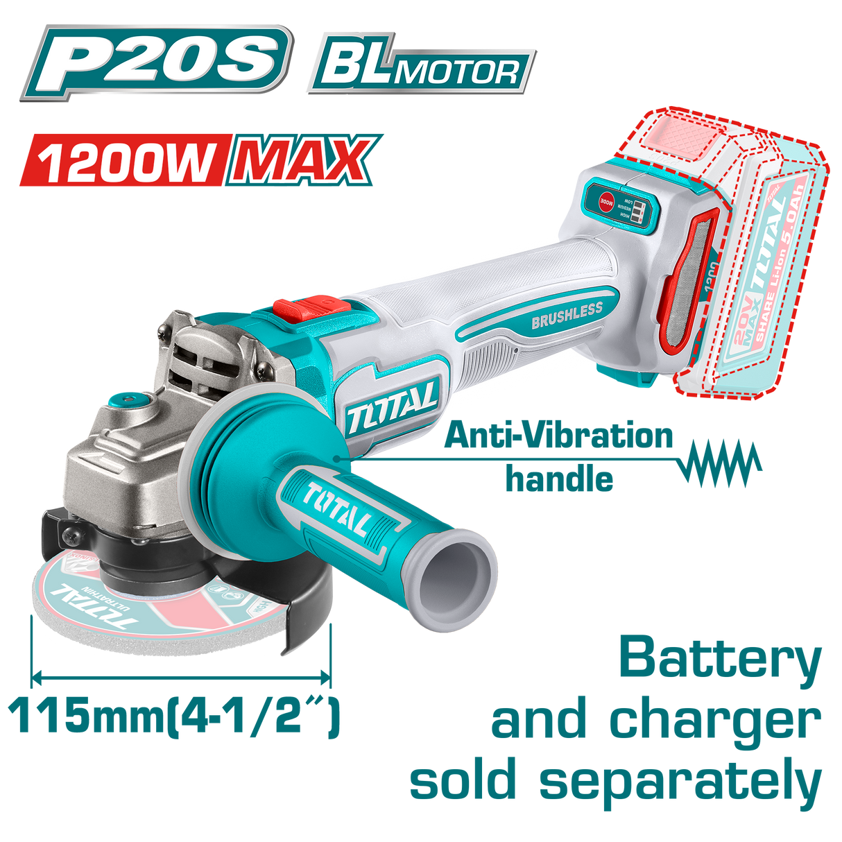 Polizor unghiular TOTAL, 20V, 1200W, disc 115 mm, motor fara perii, 3 trepte de viteza, 1, atomico.ro