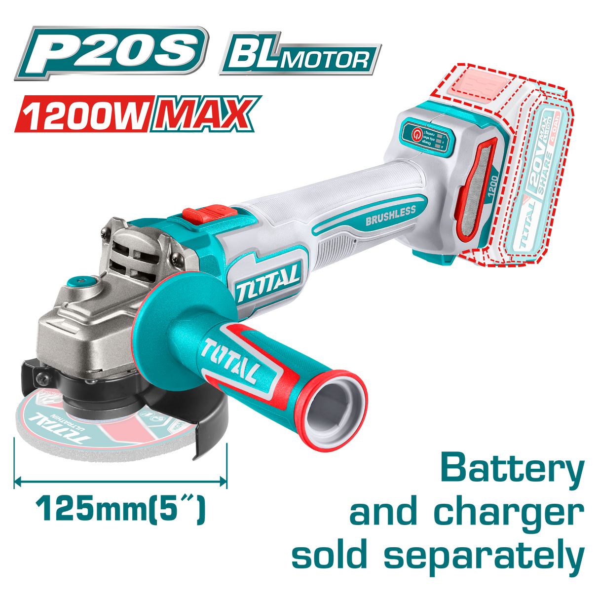 Polizor unghiular TOTAL 20V, disc 125 mm, 9000 rpm (acumulator si incarcator se vand separat), 2, atomico.ro