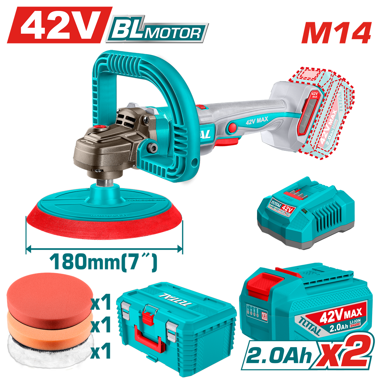 Masina de polisat TOTAL 42V, 180 mm, brushless, cu 2 acumulatori 2.0Ah si incarcator, 1, atomico.ro