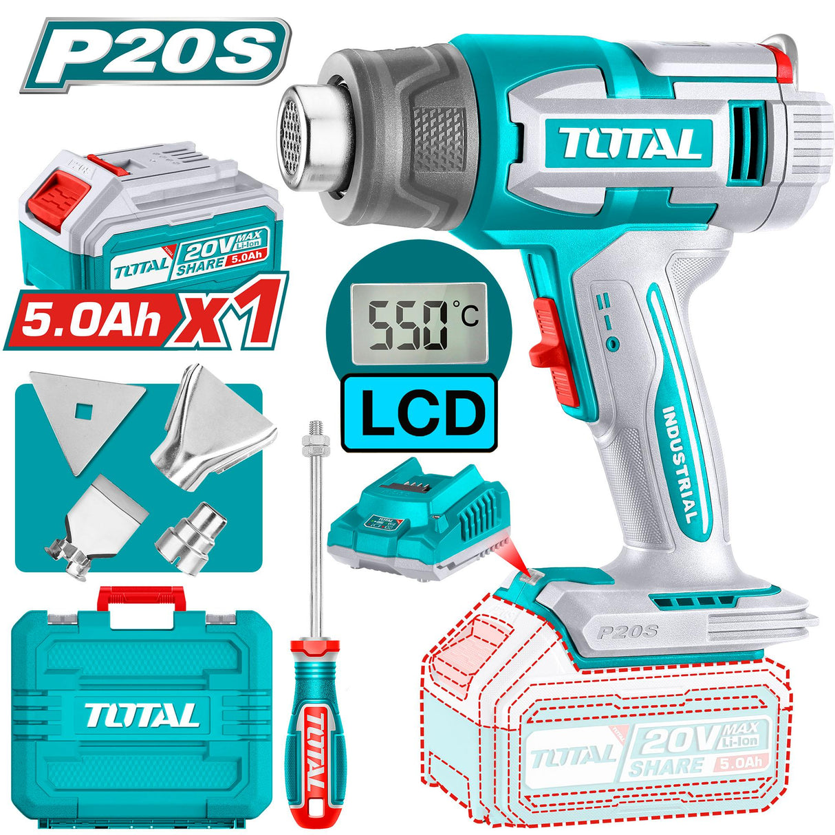 Suflanta aer cald TOTAL 20V, 550°C, debit 200 l/min, display LCD, accesorii incluse (contine 1 acumulator si 1 incarcator), 1, atomico.ro