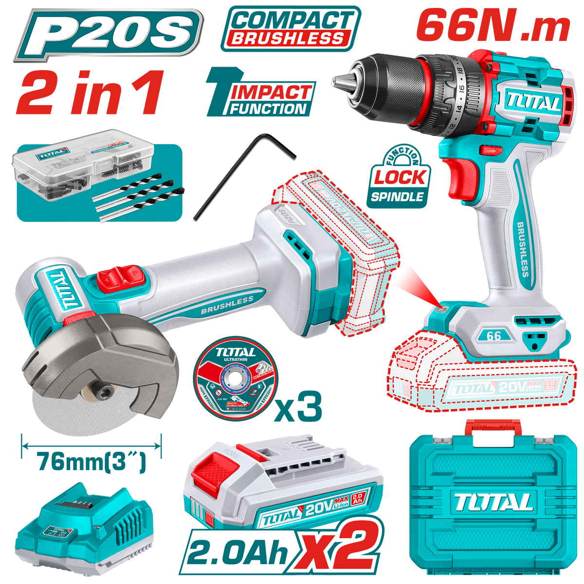 Kit combo TOTAL 20V, masina de gaurit cu percutie si mini polizor unghiular, 2 acumulatori 2.0Ah, incarcator, 66 Nm, 1, atomico.ro