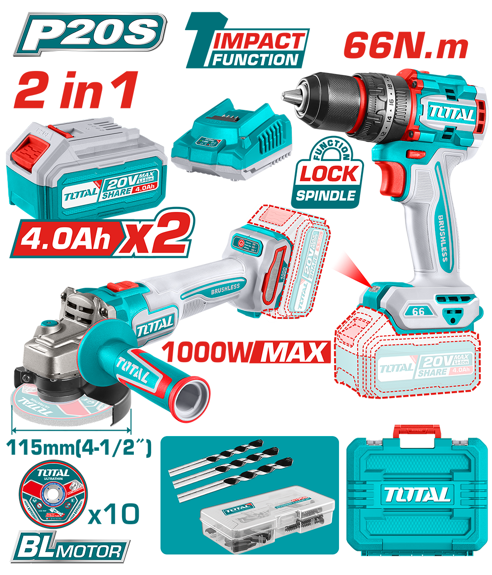 Kit Combo 20V 4.0Ah - Masina de gaurit cu impact, polizor unghiular (include 2 acumulatori, 1 incarcator), 2, atomico.ro
