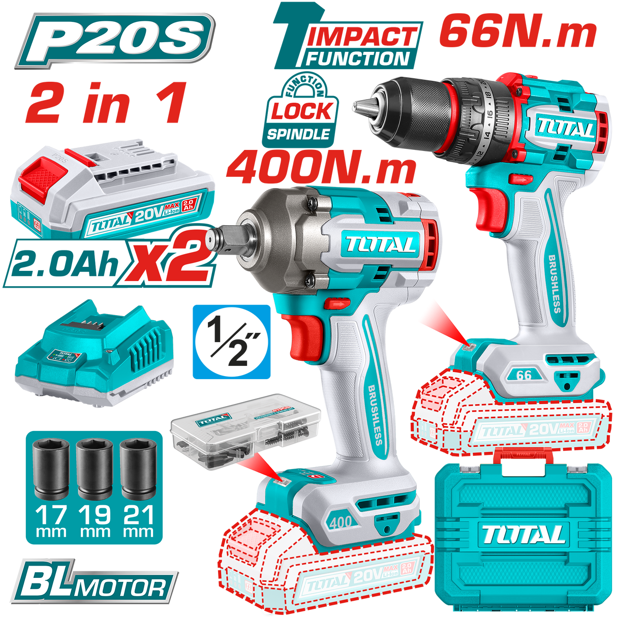 Kit Combo TOTAL 20V, Masina de gaurit cu impact si Masina de insurubat cu impact (include 2 acumulatori si 1 incarcator), 12, atomico.ro
