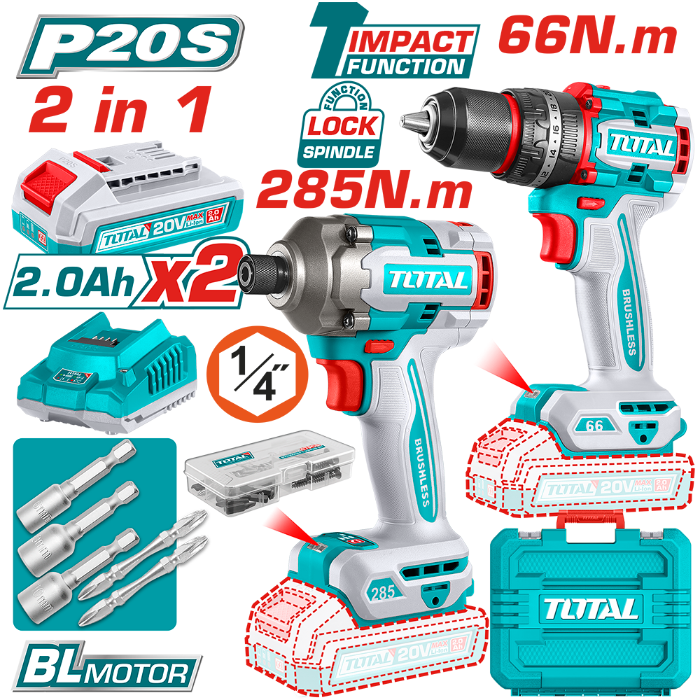 Kit Combo TOTAL20V 2.0Ah - Masina de gaurit cu impact, masina de insurubat cu impact (include 2 acumulatori, 1 incarcator), 1, atomico.ro