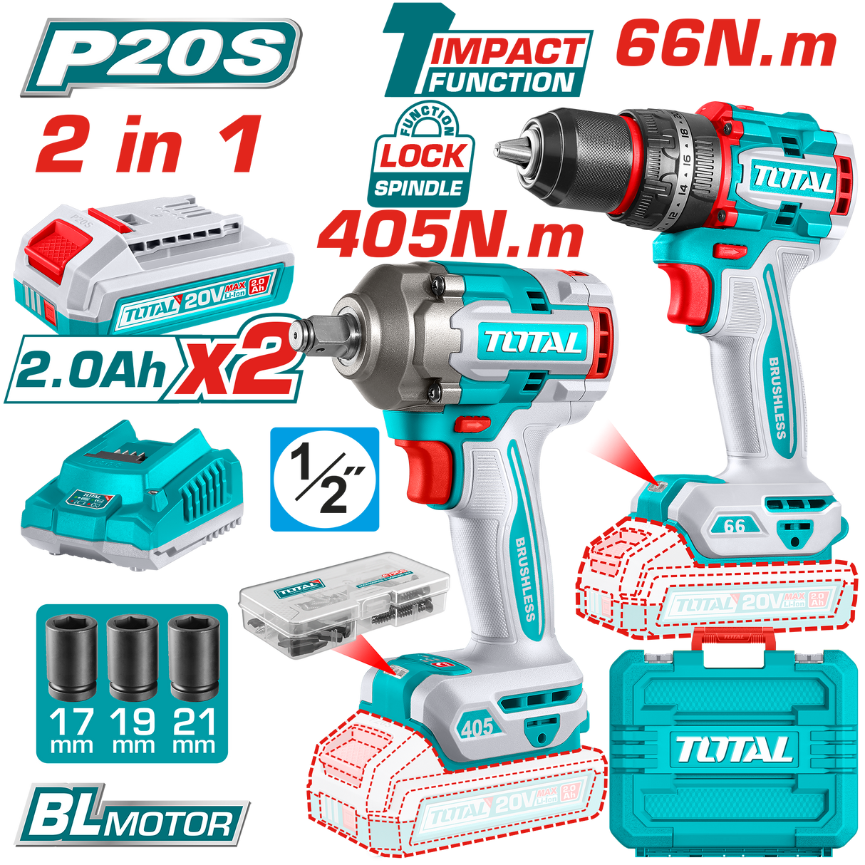 Kit combo TOTAL 20V, masina de gaurit cu percutie 66Nm + masina de insurubat cu impact 405Nm, 2 acumulatori 2.0Ah, incarcator, 47 accesorii, 1, atomico.ro
