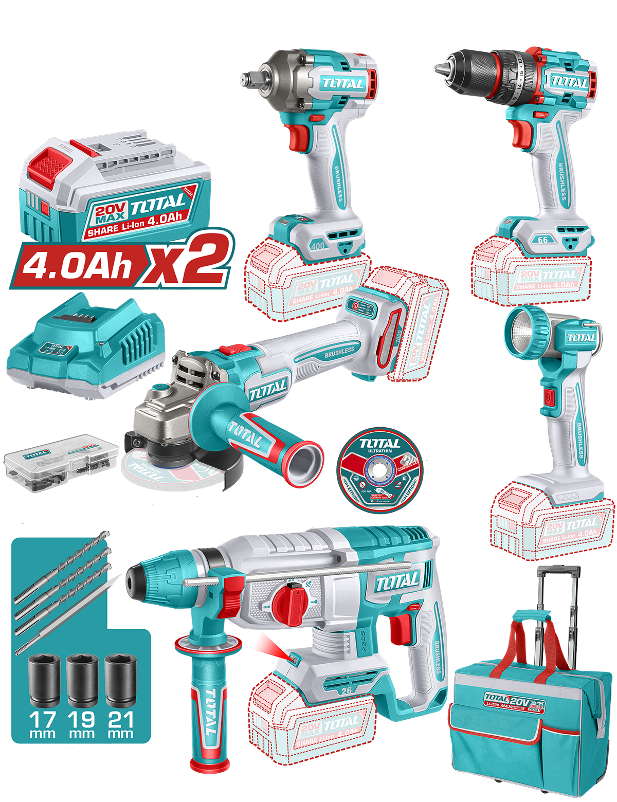 Set 5 Unelte TOTAL 20V Industrial - Masina de gaurit cu percutie, Masina de insurubat cu impact, Ciocan rotopercutor, Polizor unghiular, Lampa de lucru (include 2 baterii 4.0 Ah si incarcator), 1, atomico.ro