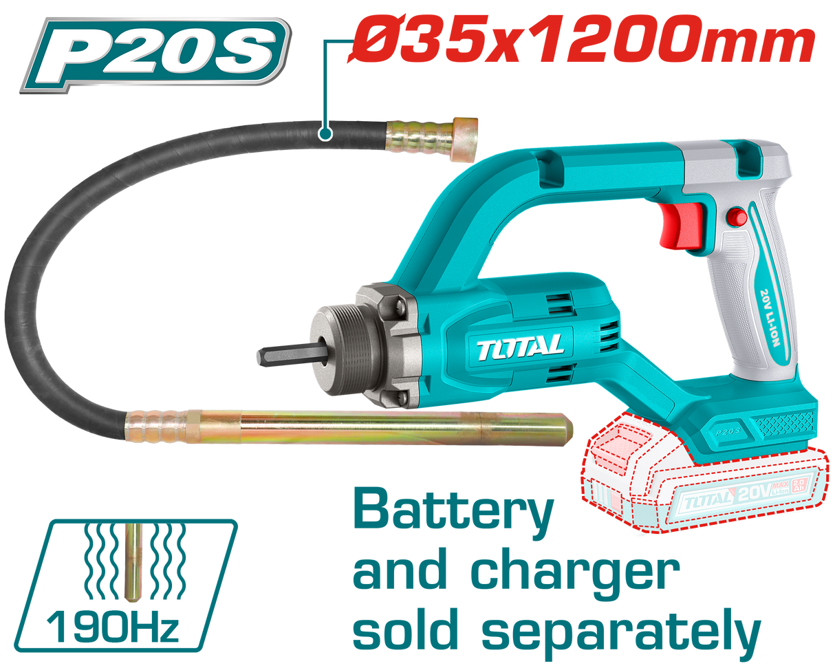 Vibrator de beton TOTAL, 20V, ac 35 x 1200 mm, 190 Hz, nu include acumulator si incarcator, 1, atomico.ro