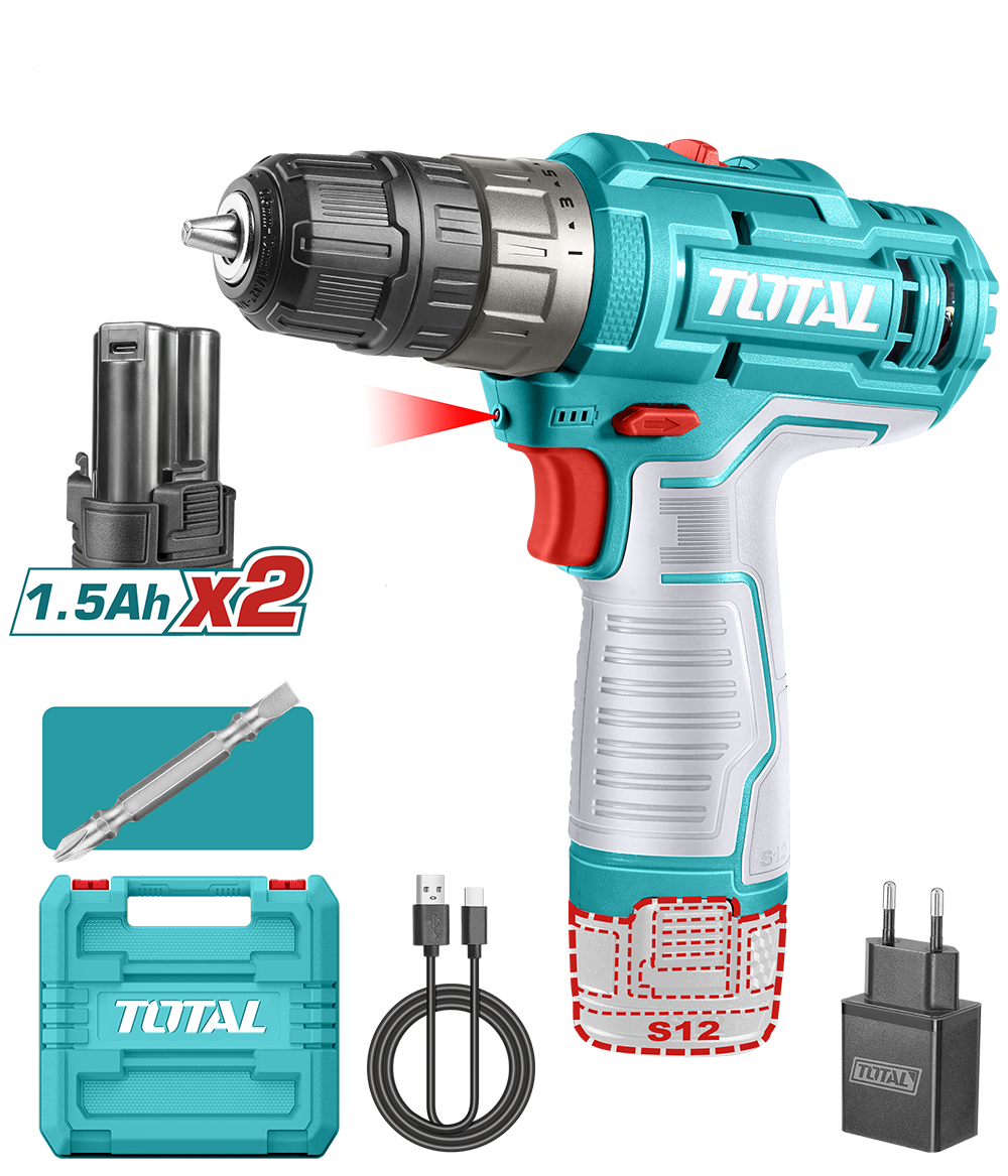 Masina de gaurit TOTAL cu acumulator 12V/LED Li-Ion 2 acumulatori 1.5Ah, 1, atomico.ro