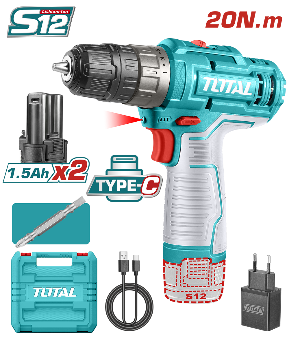 Masina de gaurit TOTAL cu acumulator 12V/LED Li-Ion 2 acumulatori 1.5Ah, 2, atomico.ro