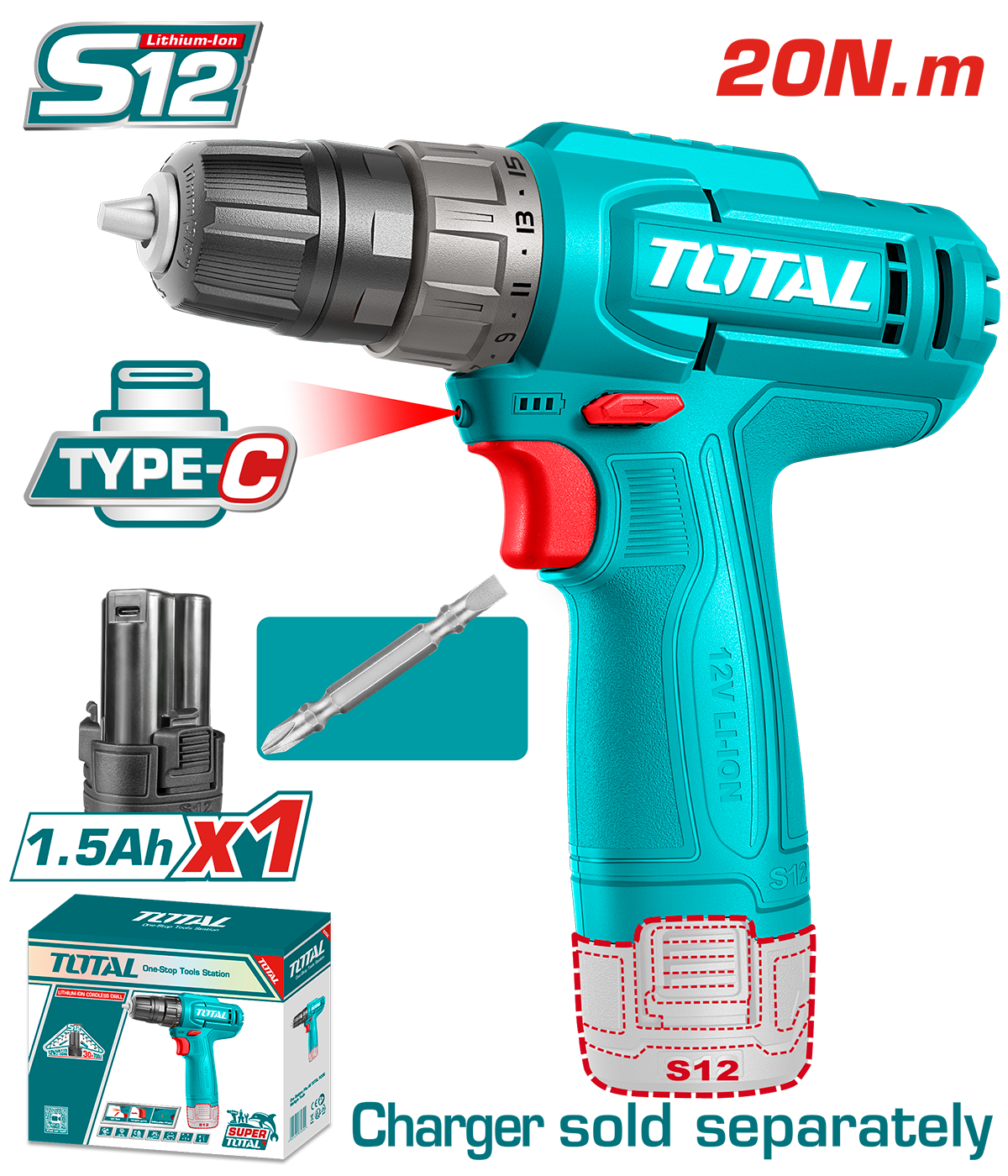 Masina de gaurit TOTAL cu Acumulator 12V – 1.5Ah, LED, Mandrina 10 mm, Li-Ion, 5, atomico.ro