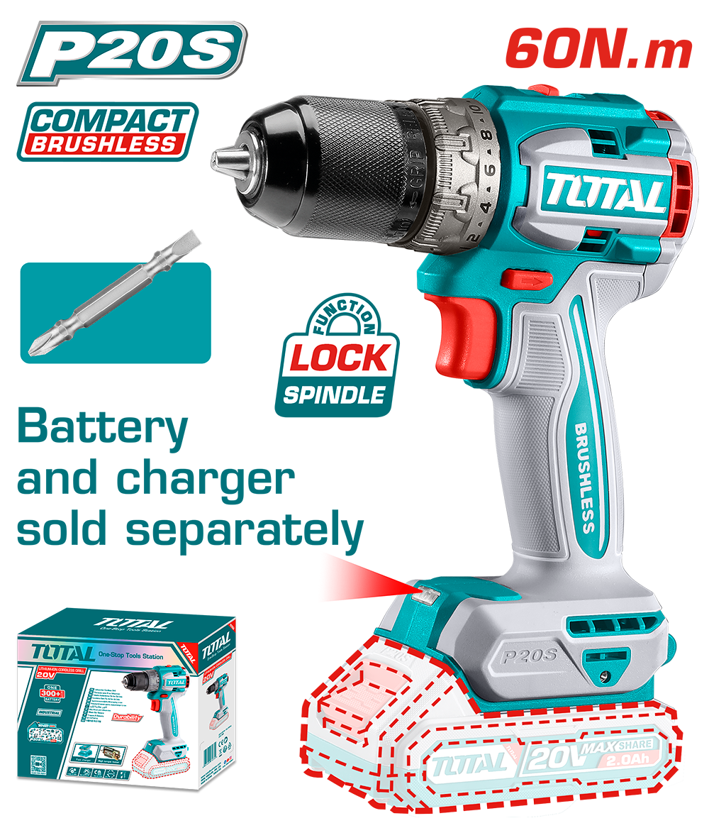 Masina de gaurit TOTAL cu motor fara perii, 60 Nm, Li-Ion 20V, fara acumulator inclus, 1, atomico.ro