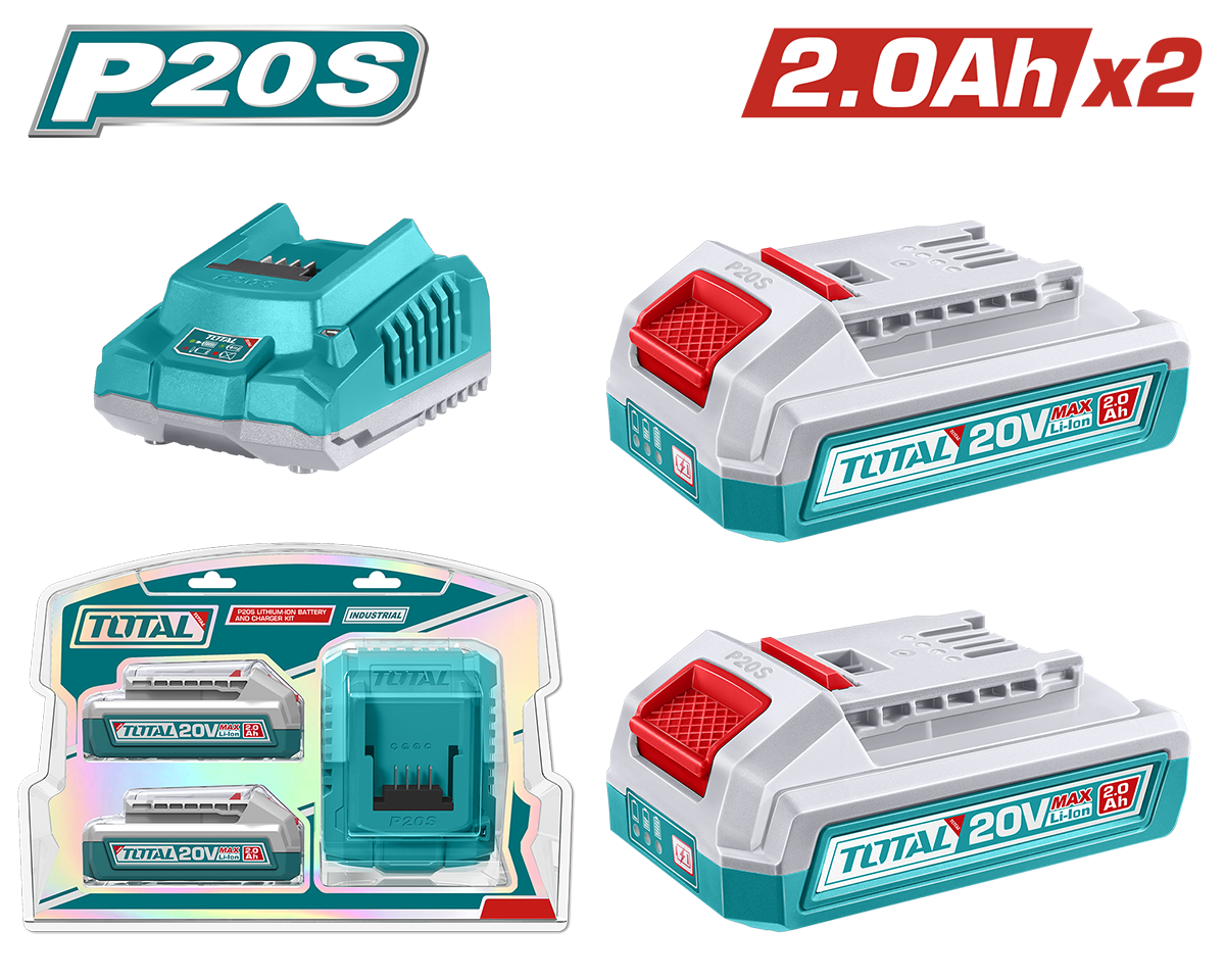 Kit TOTAL 20V – 2 baterii Li-Ion 2.0Ah + incarcator rapid P20S, 2, atomico.ro